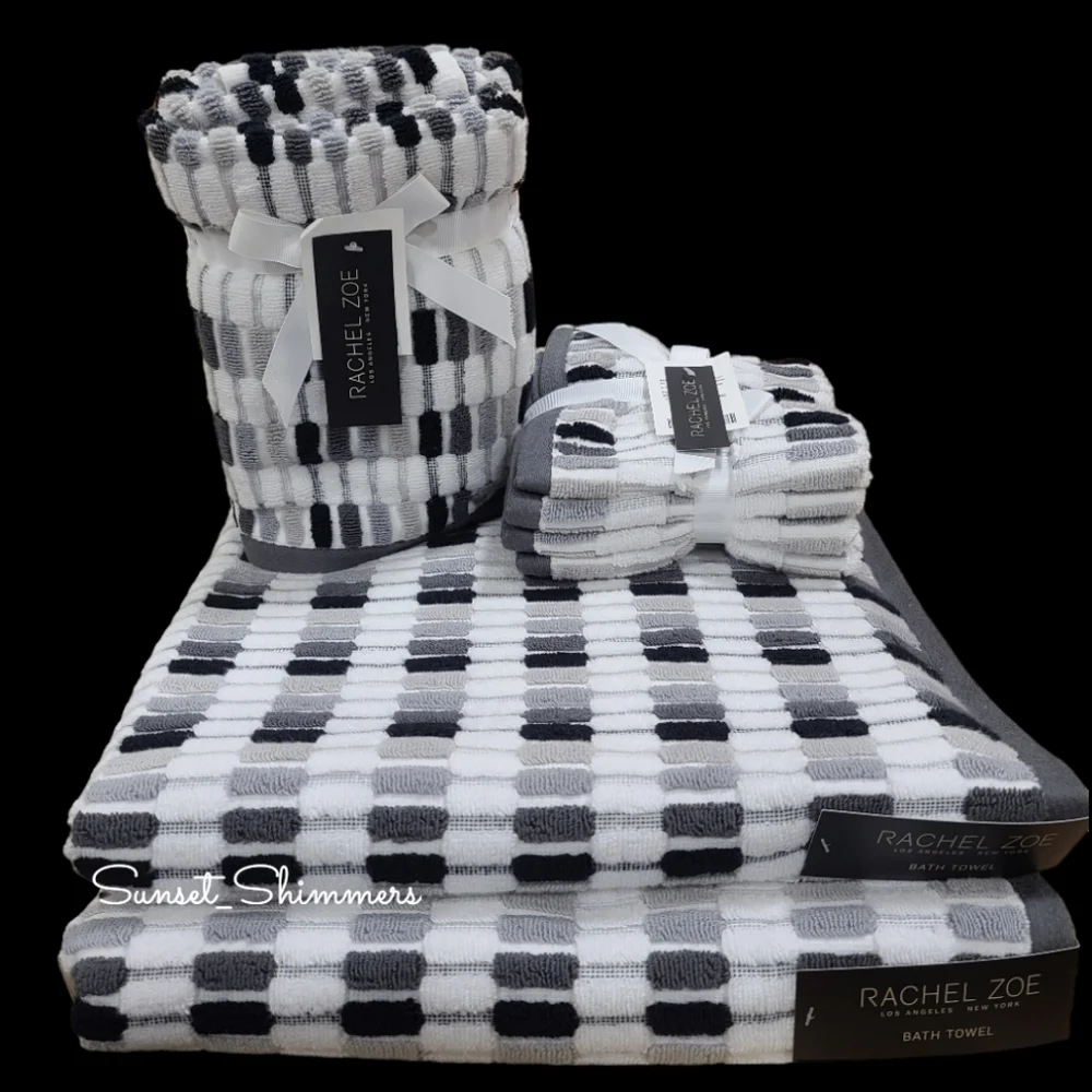 8pc Rachel Zoe Mosaic 100% Cotton Bath Hand Washcloth Towel Set Black White Gray